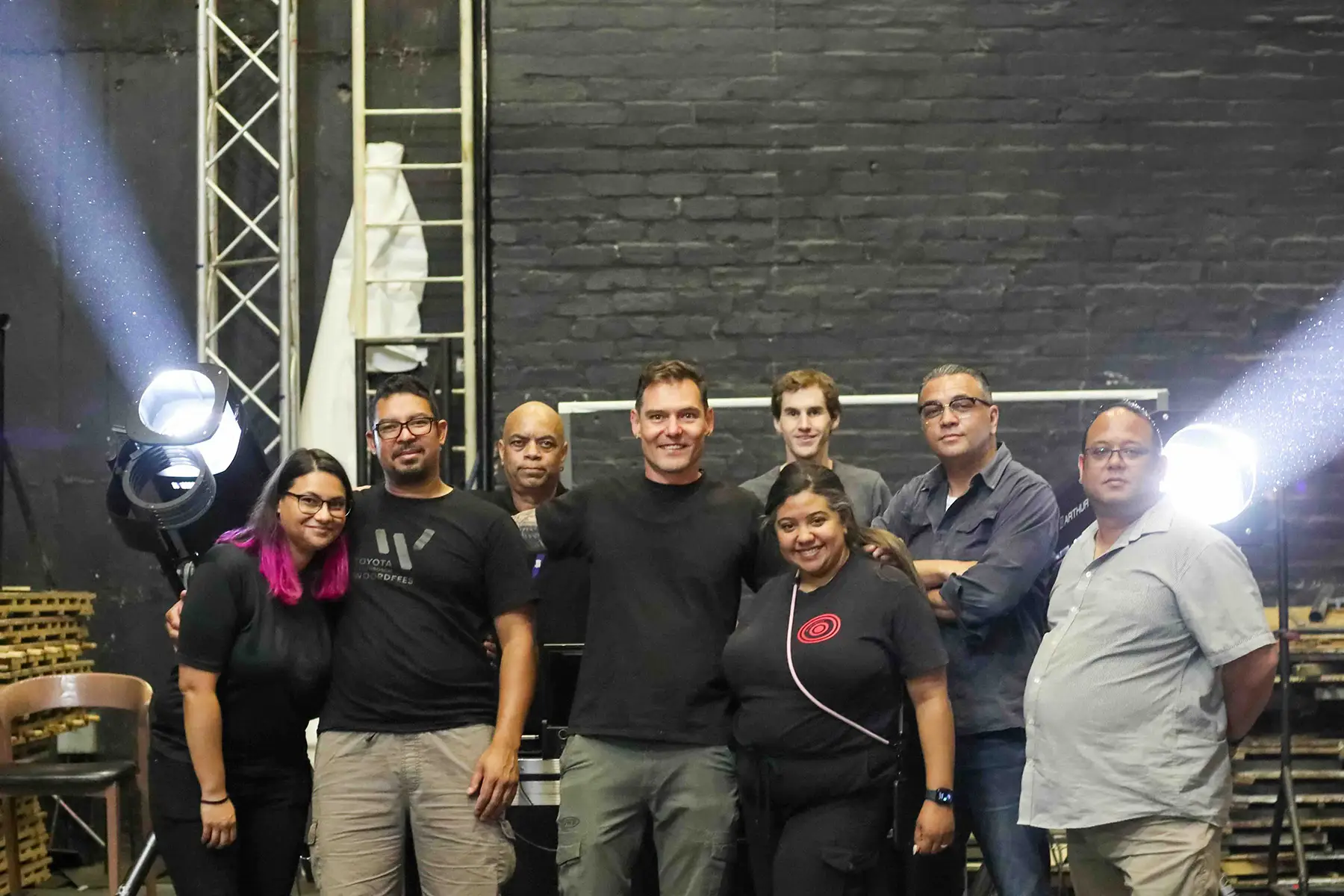 Photo left to right: Shayna Gleave (Production manager), Roy Hoffman (Artscape lighting technician), Sidney Savage (Artscape Lighting technician), Johnny Scholtz (DWR), Patrick Manicom (DWR), Monique Bowes (Artscape Stage manager), Faheem Bardien (Artscape Head of Lighting), Liam Cooksen (Artscape Head of Sound) © Johnny Scholtz
