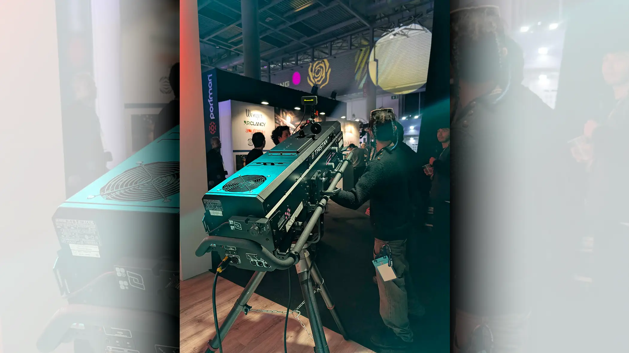 RJ’s new Tristan followspot being tested by a curious visitor to the stand