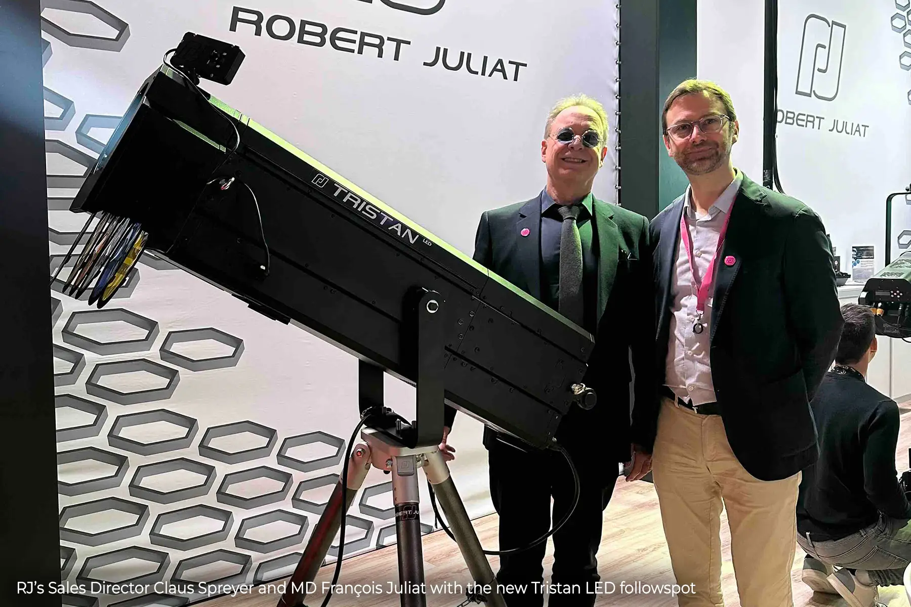 RJ’s Sales Director Claus Spreyer and MD François Juliat with the new Tristan LED followspot