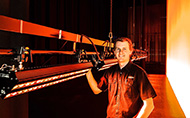 Ben Hunt, Head of Lighting at the Empire Theatres, with the newly delivered Robert Juliat Dalis 860 cyclorama lights - Photo © Kris Stewart