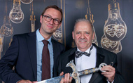 RJ CEO, François Juliat with lighting designer Mark Jonathan who won the KOI Award for Opera, sponsored by Robert Juliat